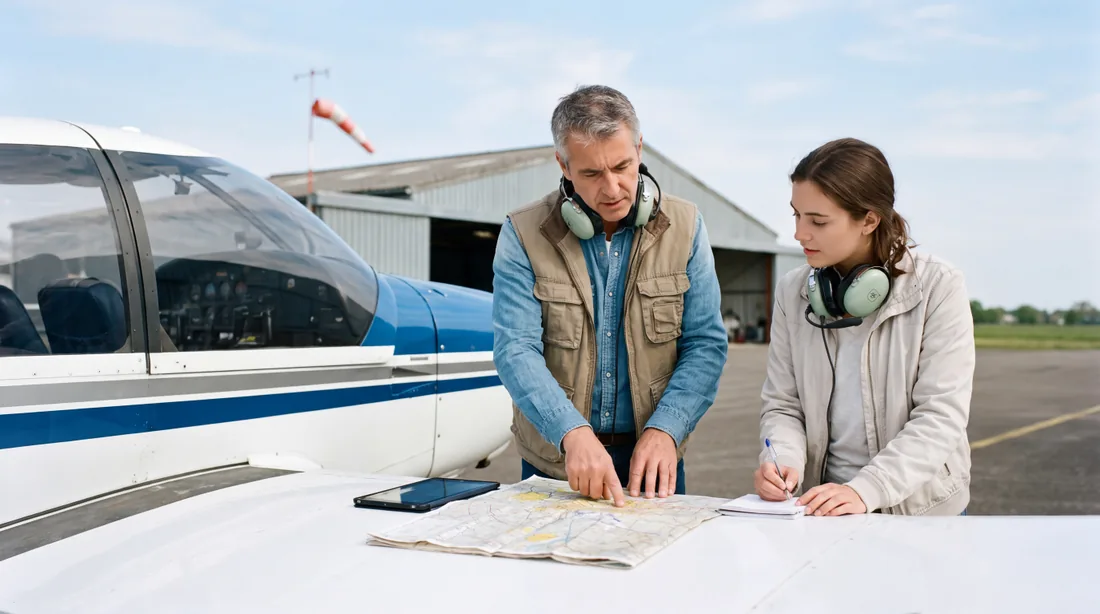 Instrutor e aluno a preparar um voo sobre a asa de um avião