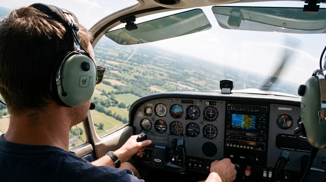 Piloto aos comandos de um avião ligeiro em voo
