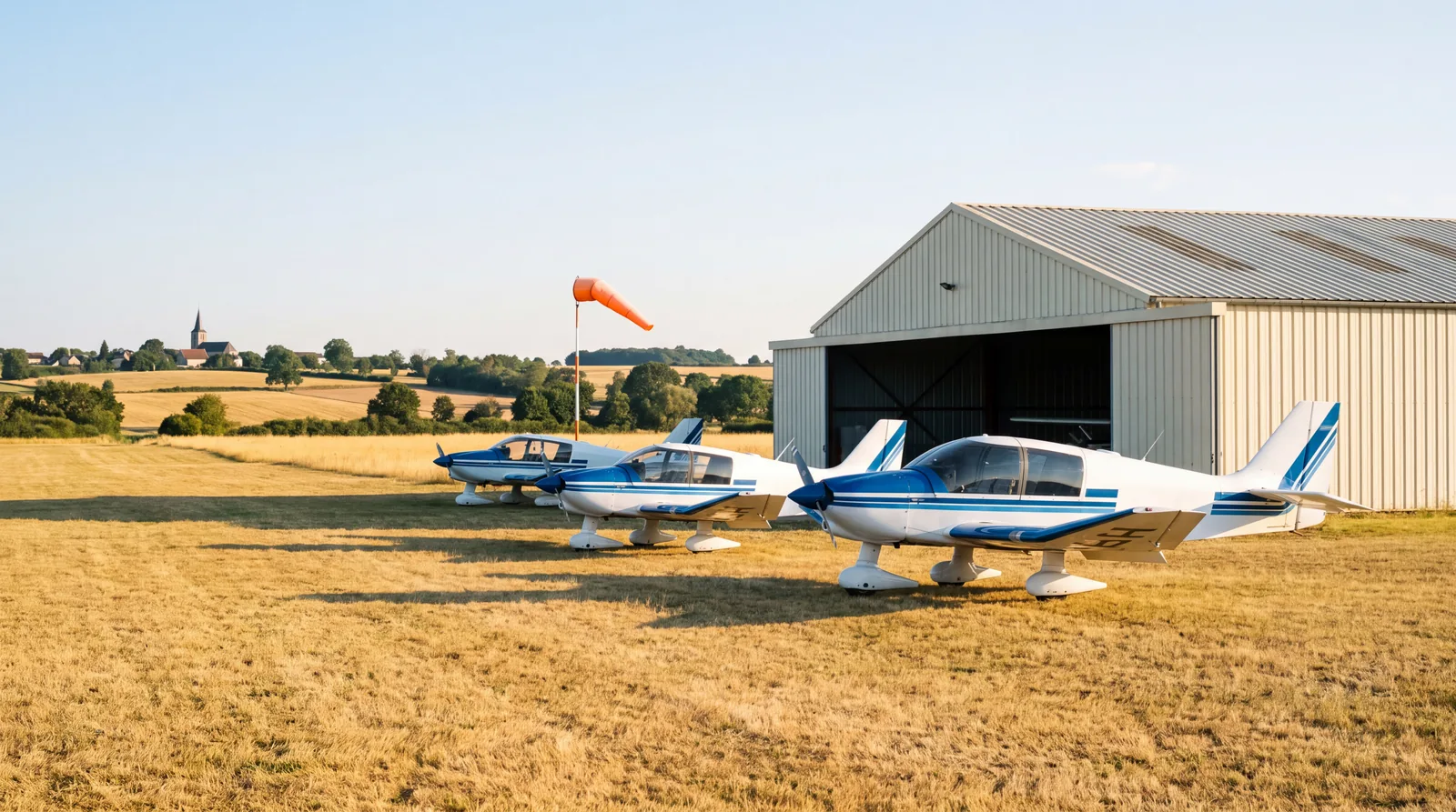 Aviões ligeiros alinhados em frente ao hangar de um pequeno aeródromo, ao final da tarde